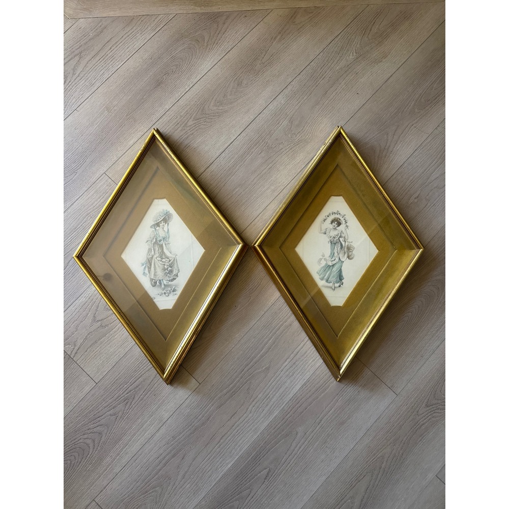 Vintage Sungott Art Studios Hand Colored Engravings Diamond Gold Frames Pair